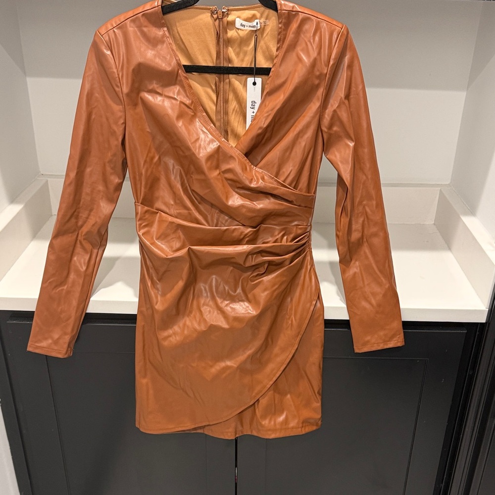 Day + Moon Faux Leather Wrap-Front Long Sleeve Mini Dress. Size S